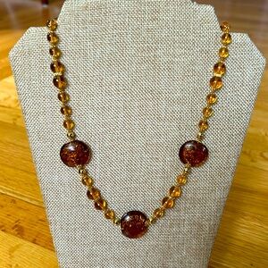 Amber Glass and Gold Tone, Hand Knotted Necklace, Artisan Made in Mexico